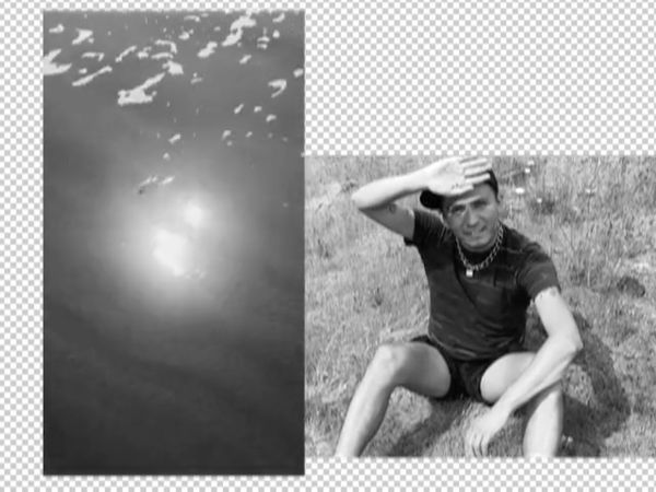 Black-and-white images on a grey-and-white checkered background. Left: the sky reflects off water. Right: Dinéyazhi’ shields their face on the grass.
